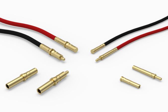 [ IMAGE 1: Pre-wired spring-loaded and target pins from the 903, 908 and 909 series, shown with 8 inch black and red lead wires ]