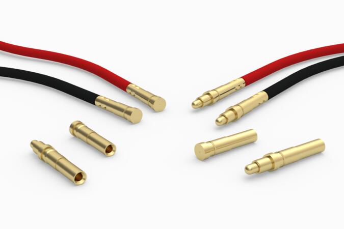 [ IMAGE 1: Pre-wired spring-loaded and target pins from the 903, 908 and 909 series, shown with 8 inch black and red lead wires ]